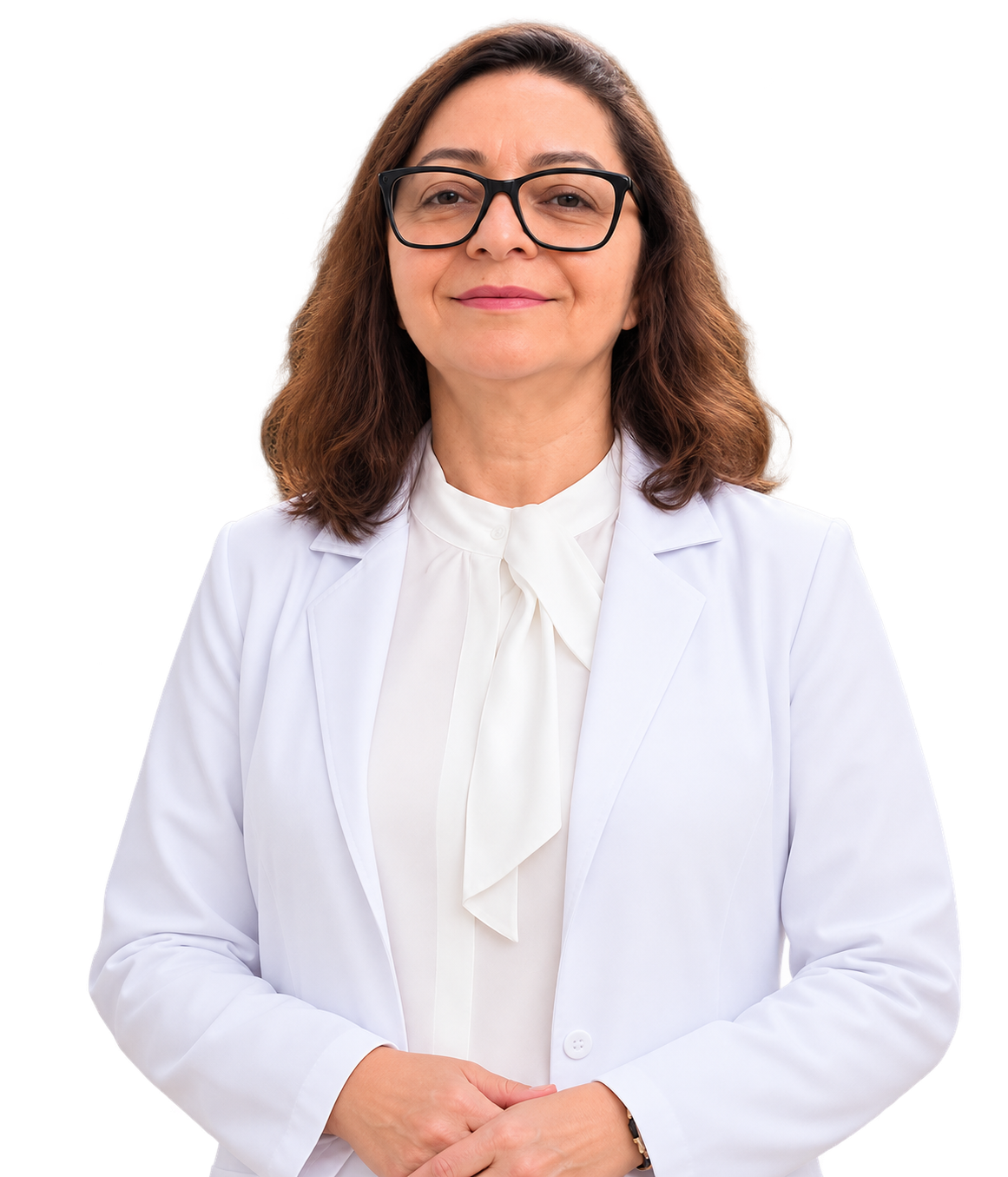 Edilene Siqueira, Master Terapeuta TRG, sentada de jaleco branco